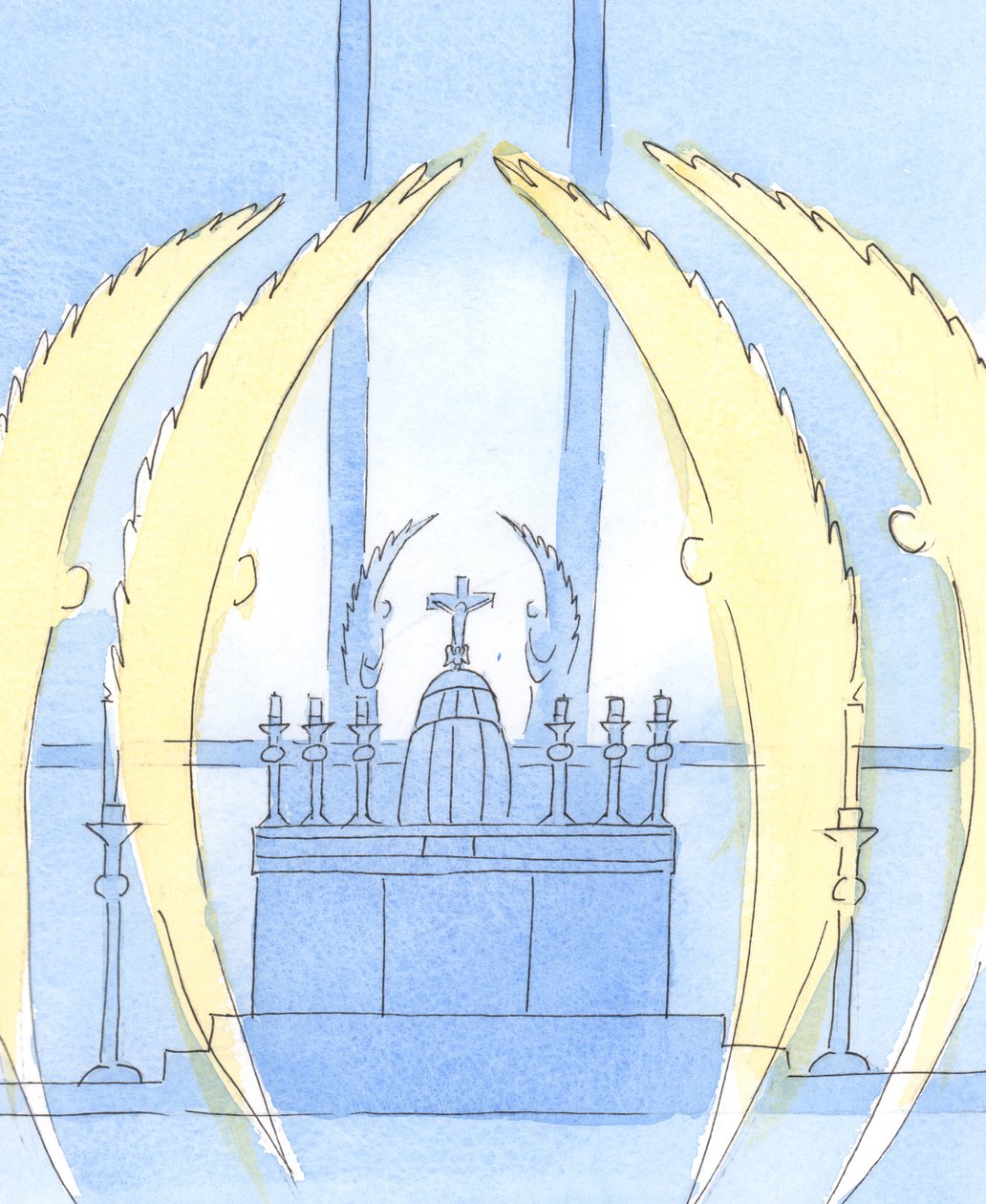 Aniołowie „strzegą” Pana, który jest obecny w Tabernakulum w Najświętszym Sakramencie, 2004 (w/c na papierze) autorstwa Elizabeth Wang