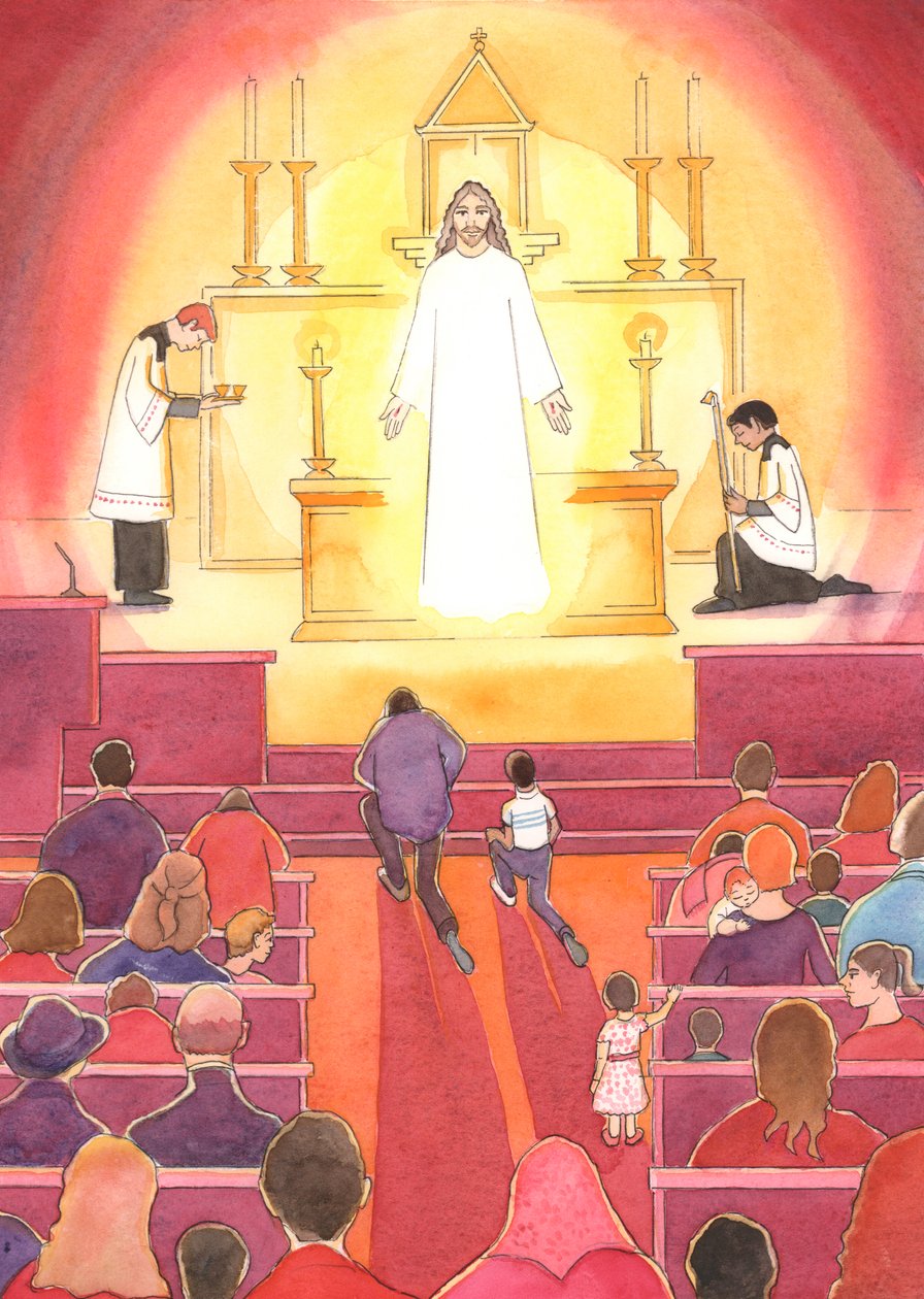 „Klejnotem” w sercu Kościoła katolickiego jest Jezus, nasz Boski Zbawiciel, obecny w tabernakulum, 2004 (w/c na papierze) autorstwa Elizabeth Wang
