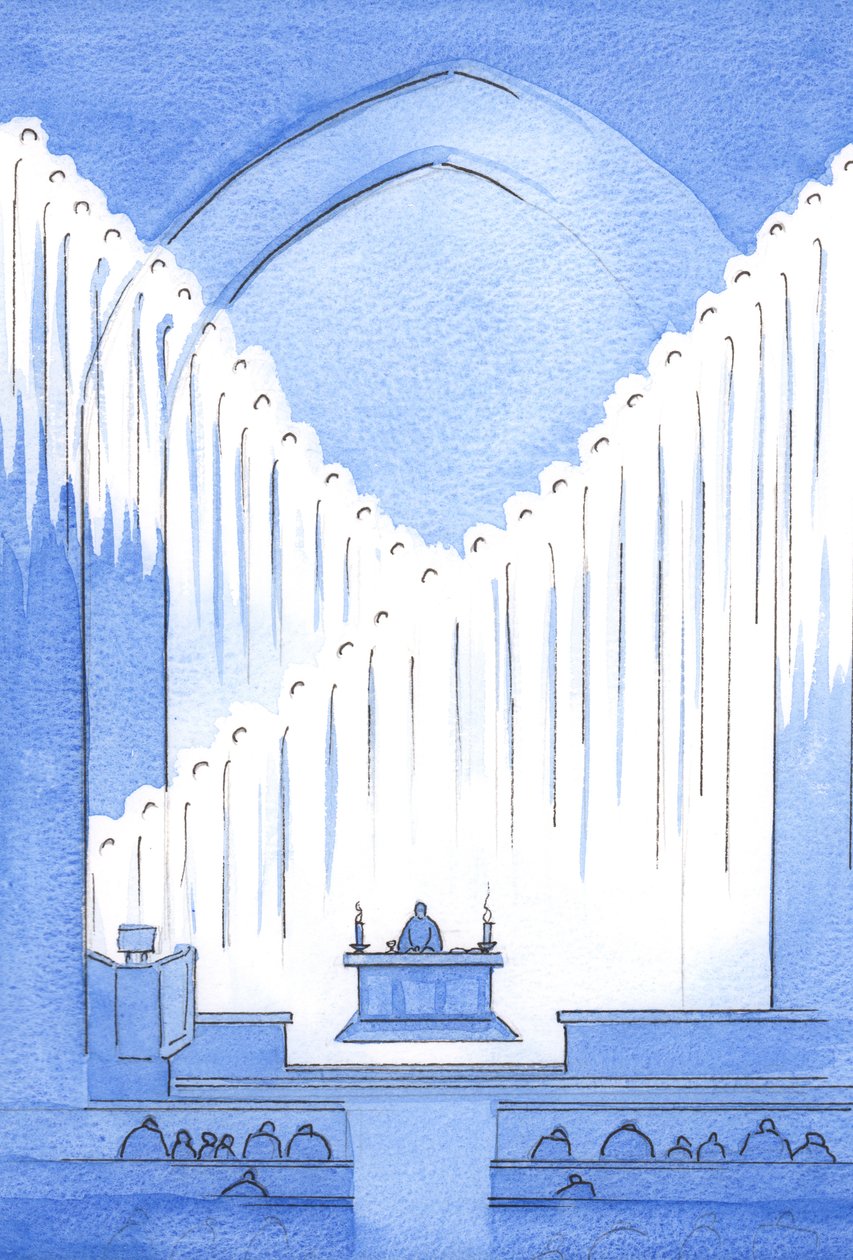 Dobrze pozdrawiamy Świętych Aniołów, którzy czuwając, modląc się, wypełniają Święte miejsce, które jest naszym sanktuarium, 2002 (w/c na papierze) autorstwa Elizabeth Wang