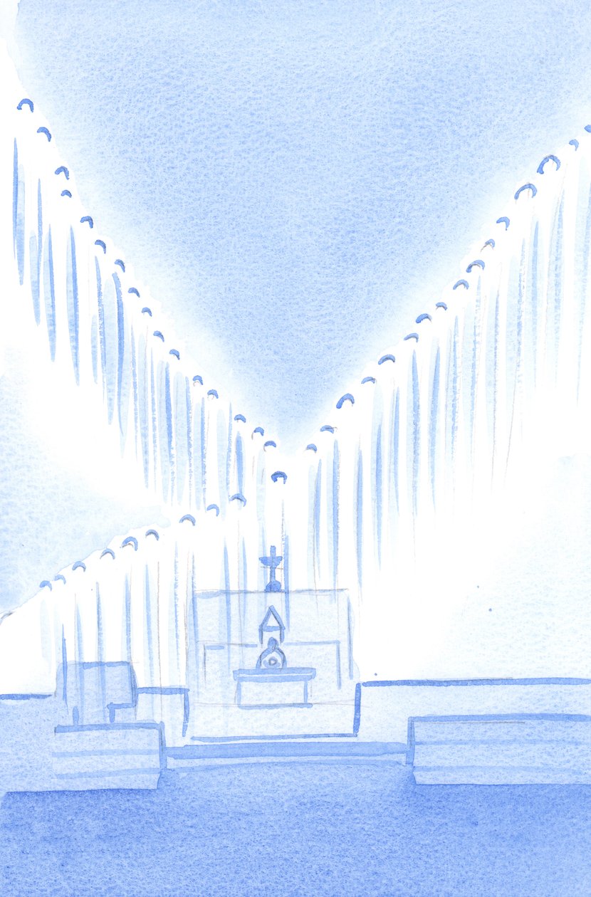 Dobrze pozdrawiamy Świętych Aniołów, którzy czuwając, modląc się, wypełniają Święte miejsce, które jest naszym sanktuarium, 2002 (w/c na papierze) autorstwa Elizabeth Wang