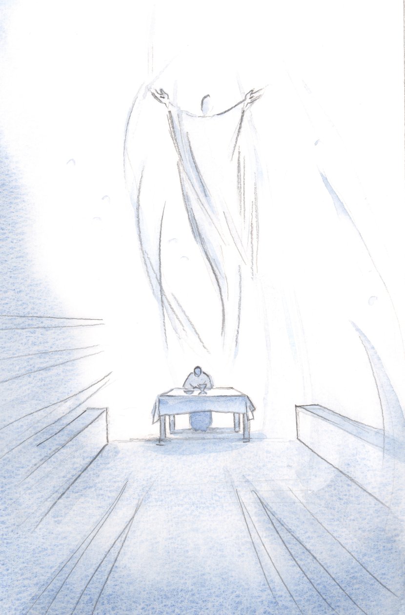 Jaką ucztą jest Ofiara Samego Siebie Chrystusa na Ołtarzu; Jego Aniołowie radują się chwałą Zmartwychwstałego Pana., 2001 (w/c na papierze) autorstwa Elizabeth Wang