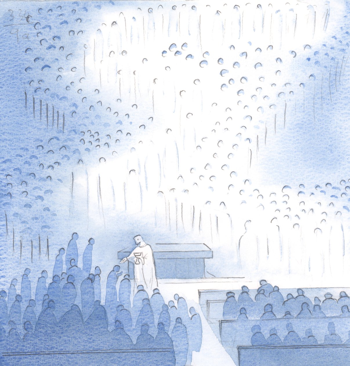 Jaki pokój daje Chrystus w Komunii, z wielkim towarzystwem aniołów i świętych zebranych tu w radości, 2000 (w/c na papierze) autorstwa Elizabeth Wang