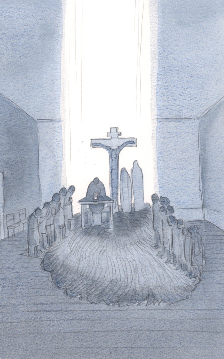 Kiedy uczestniczymy i składamy tę jedyną, budzącą podziw Ofiarę, znajdujemy Kalwarię, tutaj przy ołtarzu., 2001 (w/c na papierze) autorstwa Elizabeth Wang
