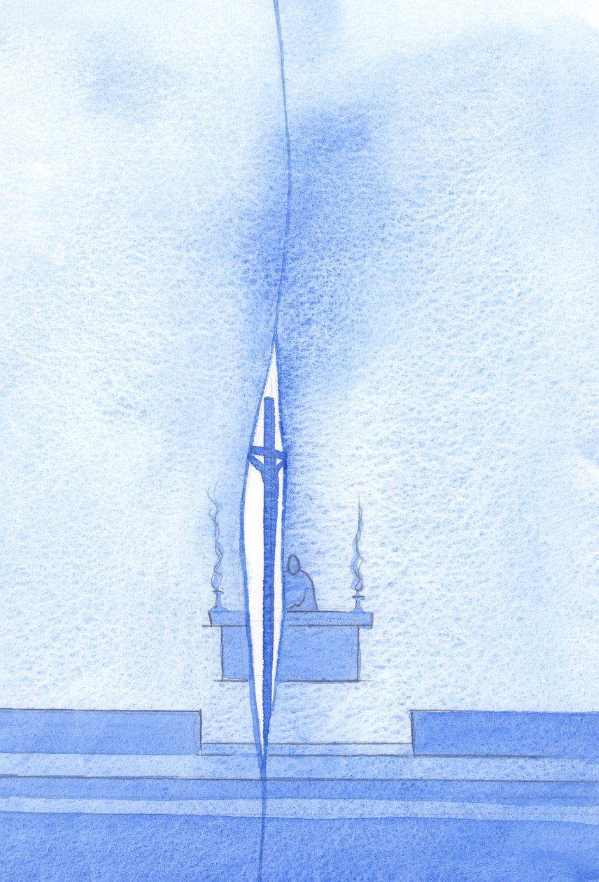 Kiedy składamy Najświętszą Ofiarę Mszy, w ?tkaninie? pojawia się rozstanie? czasu i ?dotykamy? moment śmierci Chrystusa na Kalwarii, 2002 (w/c na papierze) autorstwa Elizabeth Wang