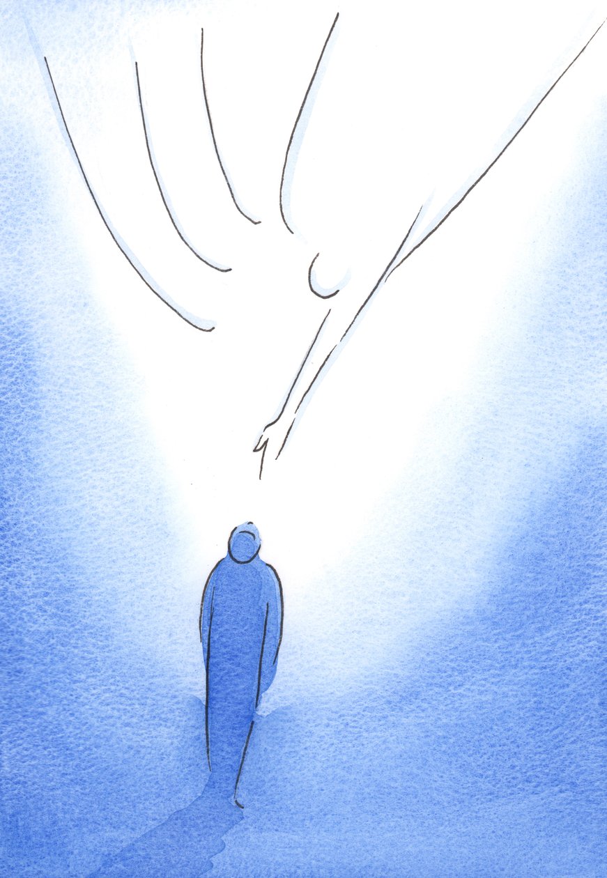 W płaszczu Matki Bożej radosna dusza jest karmiona przez Chrystusa, oświecona Jego Duchem i zachęcana, aby spojrzeć w górę na Ojca, 2002 (w/c na papierze) autorstwa Elizabeth Wang