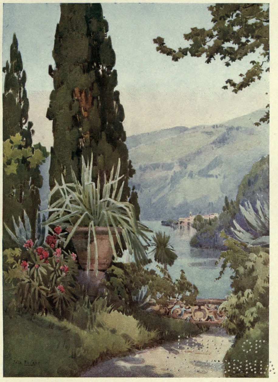 W ogrodzie Villa Arconati, Lago di Como, ilustracja z „Włoskich jezior” Richarda Bagota autorstwa Ella Du Cane