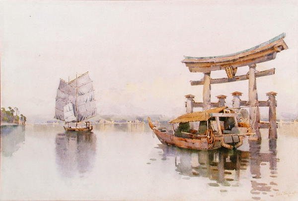 Brama Torii przy wejściu do świątyni Itsukushima, Miyajima, Japonia (akwarela na papierze) autorstwa Ella Du Cane
