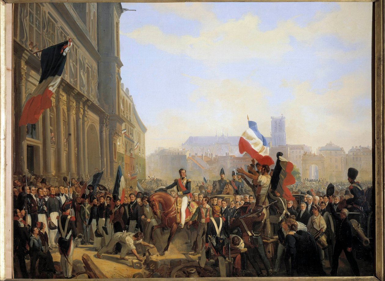 Rewolucja lipca 1830: Ludwik Filip, książę Orleanu (który został królem Francji Ludwikiem Filipem 1er) (1773-1850), generał porucznik Królestwa przybył do ratusza w Paryżu, 31 lipca autorstwa Eloi Firmin Feron