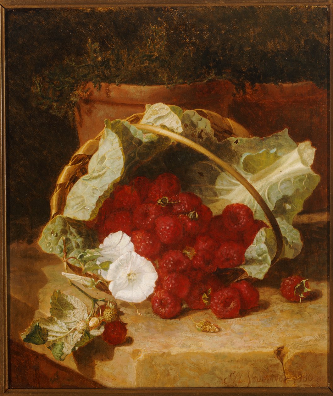 Maliny w koszu wyłożonym liśćmi kapusty z białym Convulvulus na kamiennej półce, 1880 autorstwa Eloise Harriet Stannard