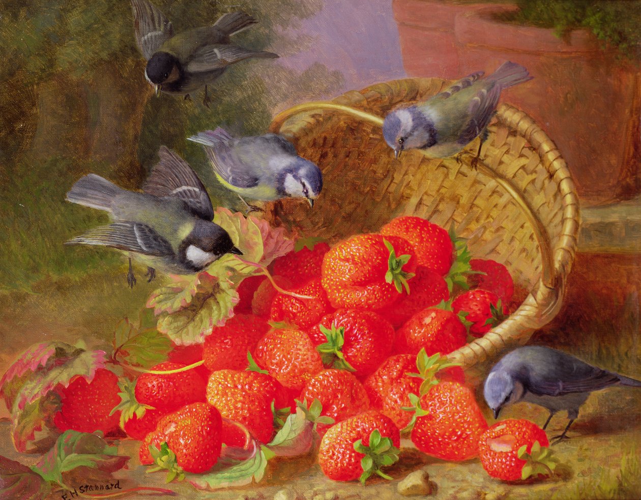 Martwa natura z truskawkami i Bluetits autorstwa Eloise Harriet Stannard