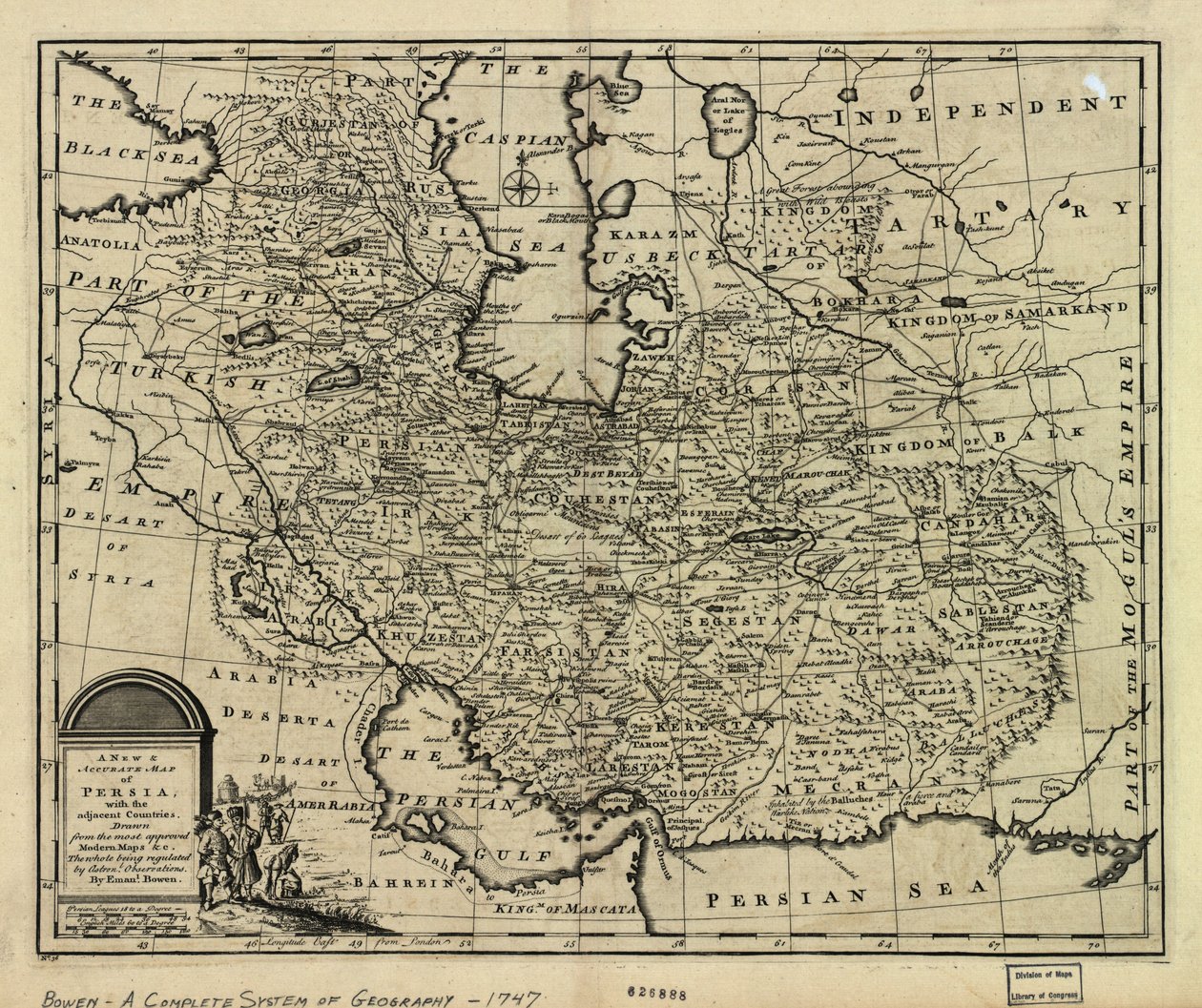 Mapa Imperium Perskiego w 1747 roku za czasów dynastii Afszarydów autorstwa Emanuel Bowen