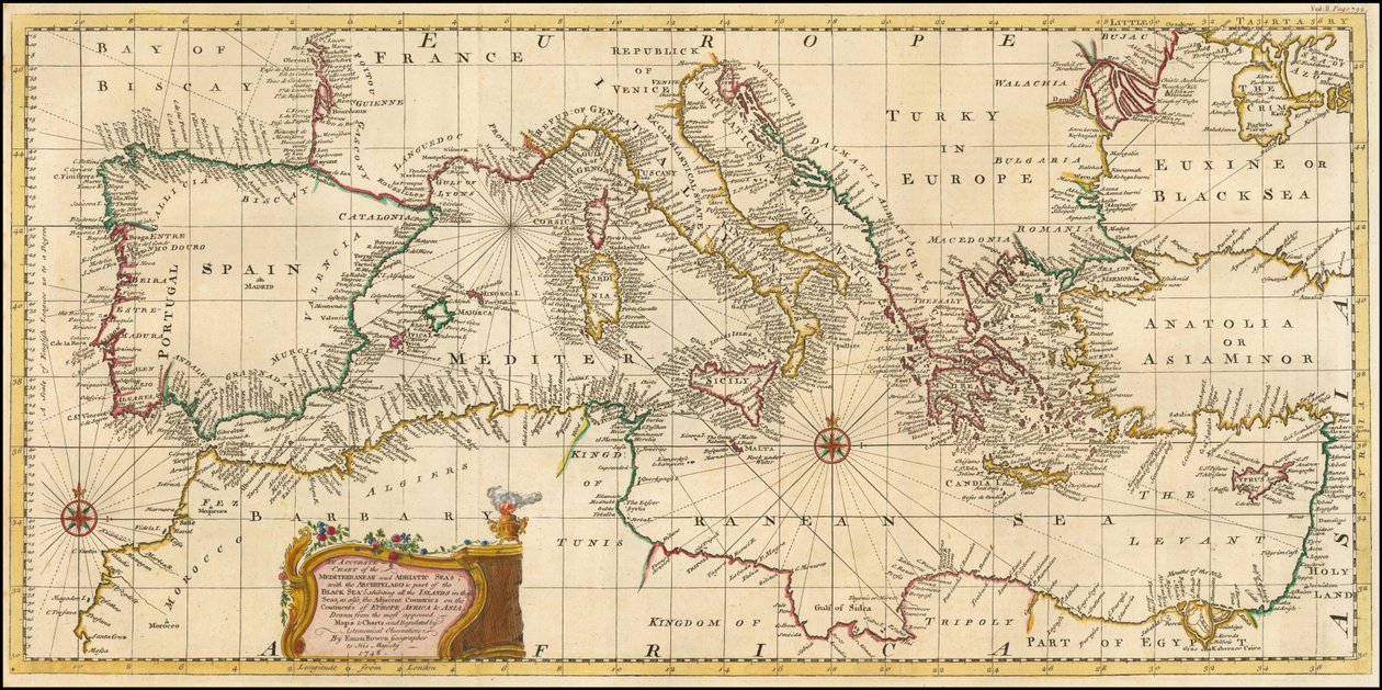 Mapa z 1748 roku - Dokładna mapa Morza Śródziemnego i Adriatyku wraz z archipelagiem i częścią Morza Czarnego autorstwa Emanuel Bowen