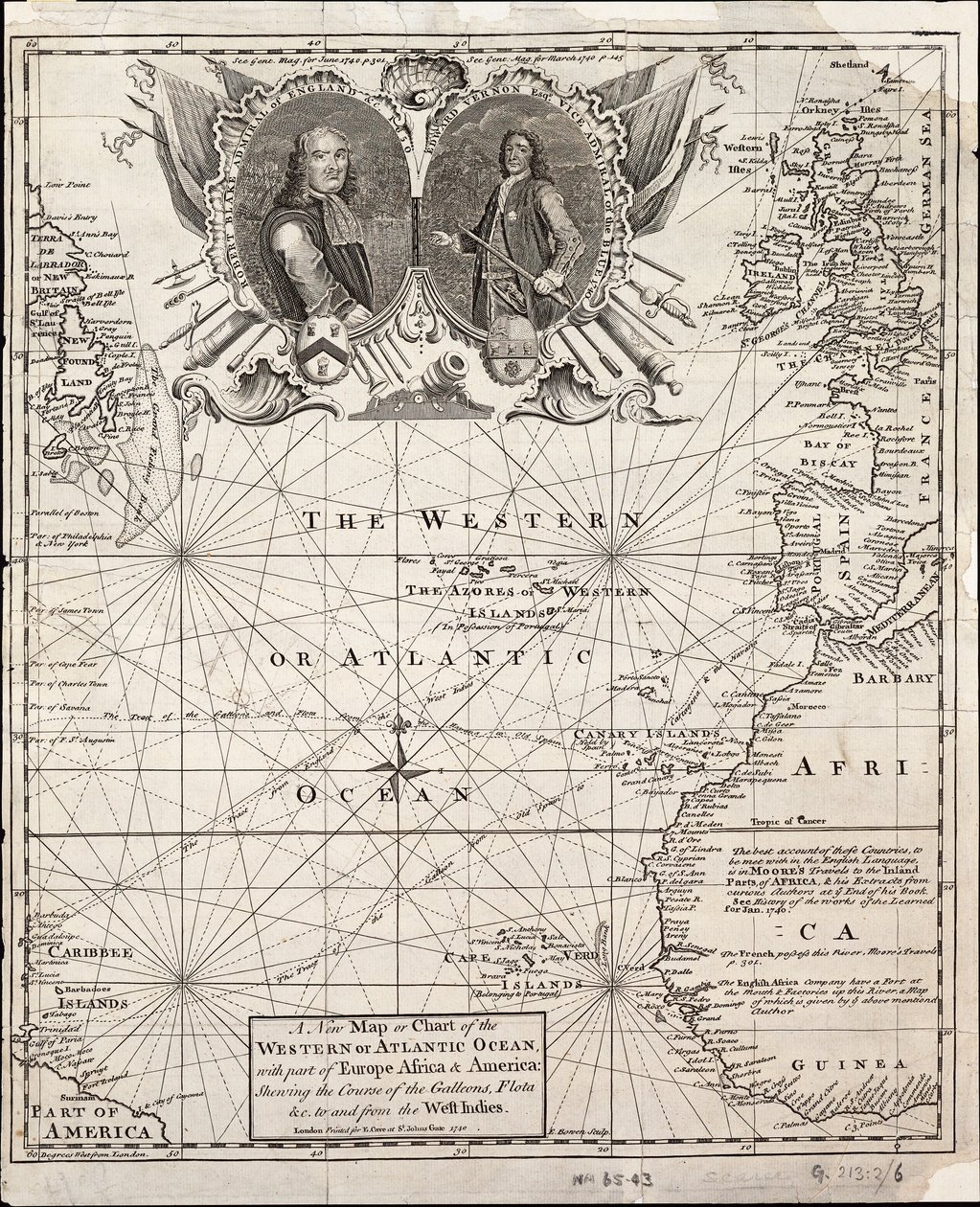 Nowa mapa lub wykres zachodniego lub atlantyckiego oceanu z częścią Europy, Afryki i Ameryki: pokazujący kurs galeonów do i z Indii Zachodnich autorstwa Emanuel Bowen