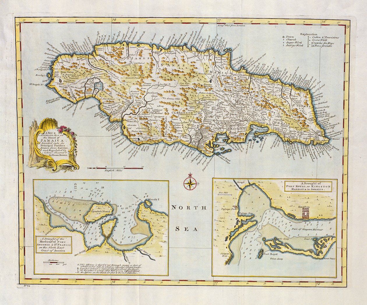 Mapa wyspy Jamajki z podziałem na główne parafie ok. 1760 r. (rycina ręcznie kolorowana) autorstwa Emanuel Bowen