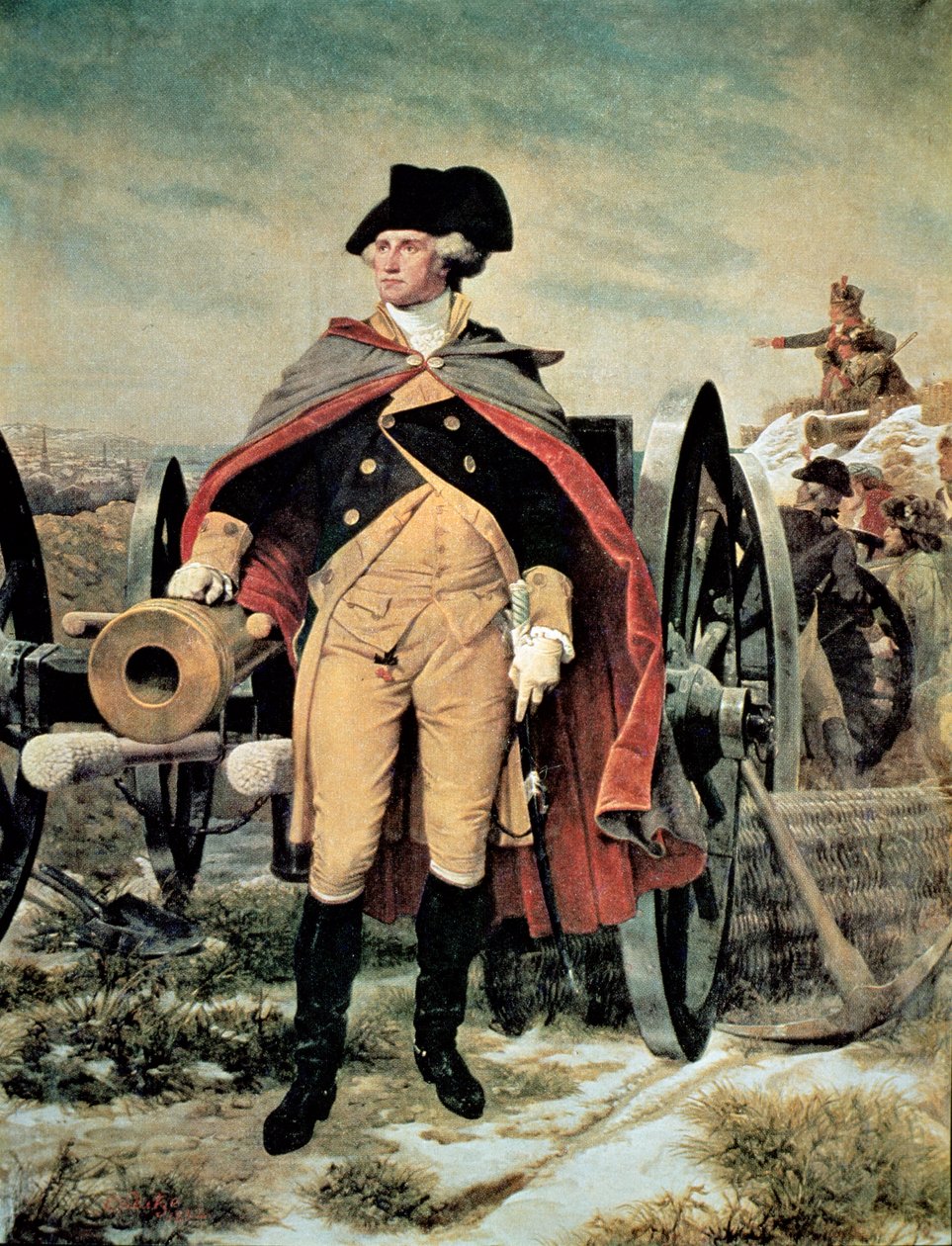 George Washington w Dorchester Heights, Massachusetts (kolor lito) autorstwa Emanuel Gottlieb (after) Leutze