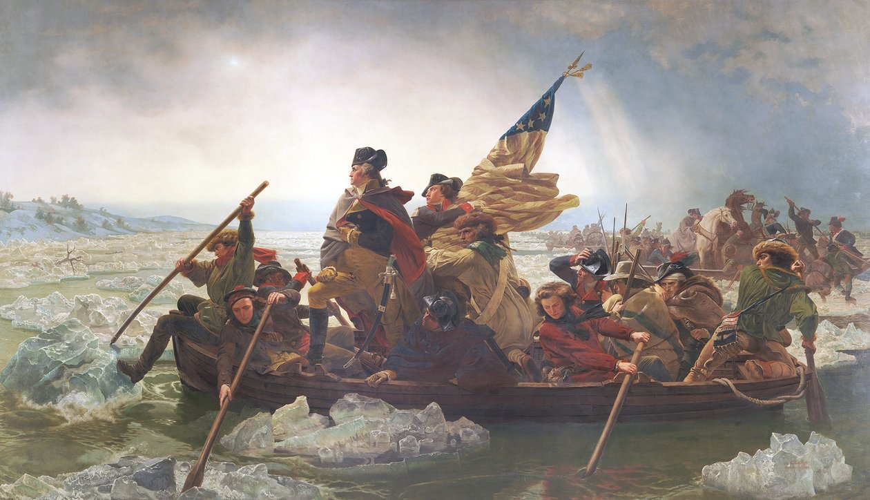Waszyngton przekraczający Delaware; Boże Narodzenie 1776; koniec XIX wieku (oleograf) autorstwa Emanuel Gottlieb after Leutze