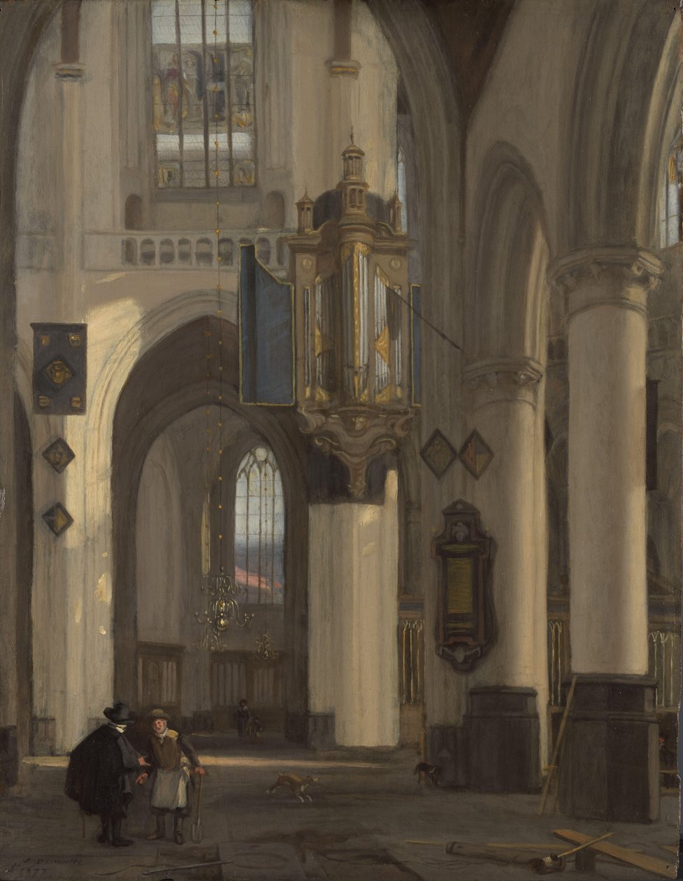 Wnętrze protestanckiego kościoła gotyckiego z motywami z Oude i Nieuwe Kerk w Amsterdamie autorstwa Emanuel de Witte