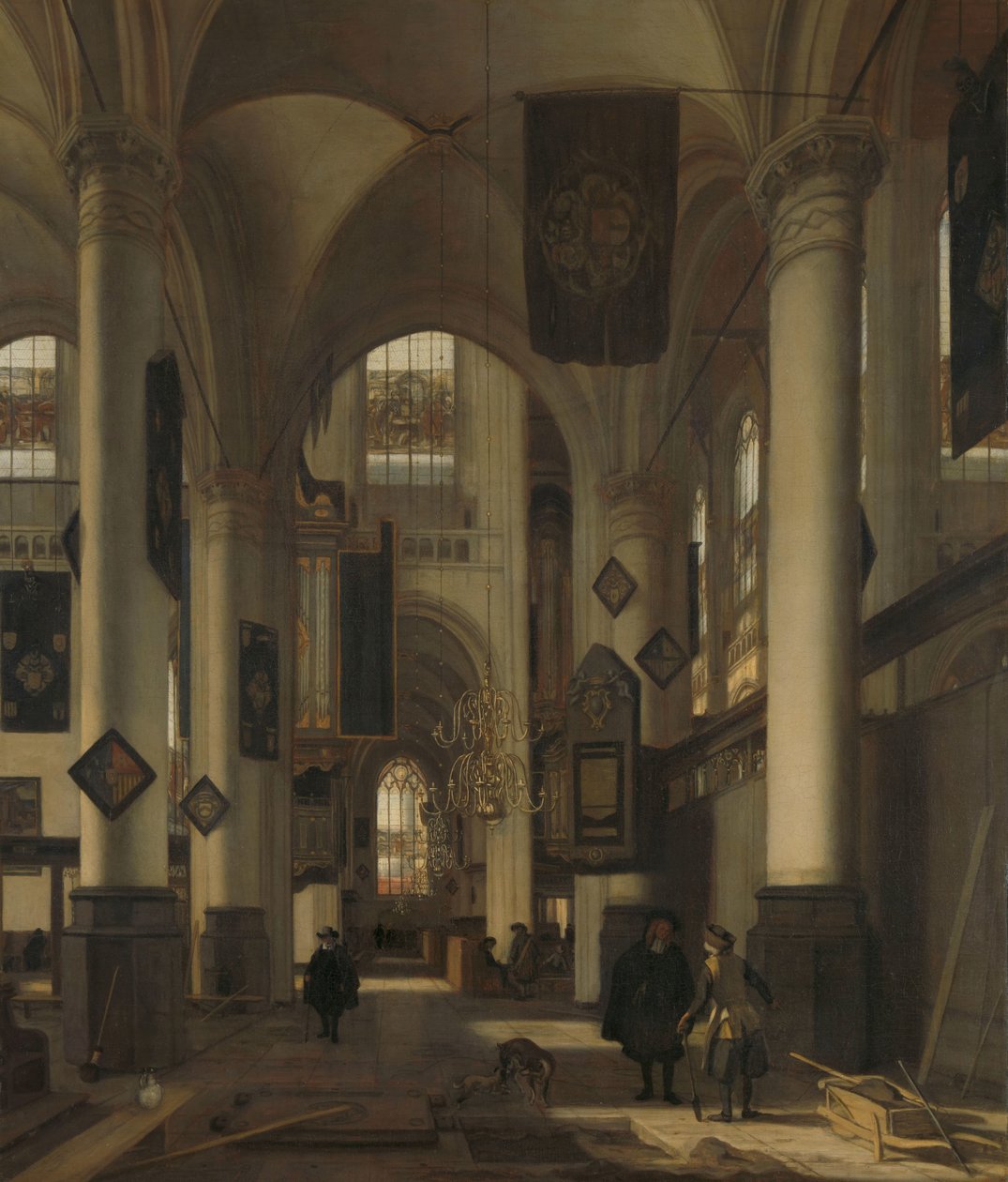 Wnętrze protestanckiego kościoła gotyckiego z motywami z Oude i Nieuwe Kerk w Amsterdamie autorstwa Emanuel de Witte