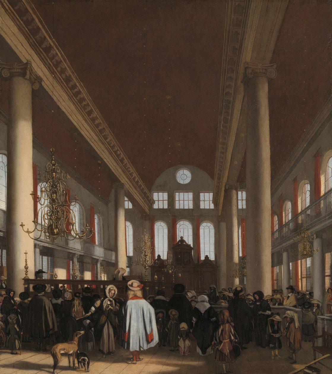 Wnętrze Synagogi Portugalskiej w Amsterdamie autorstwa Emanuel de Witte