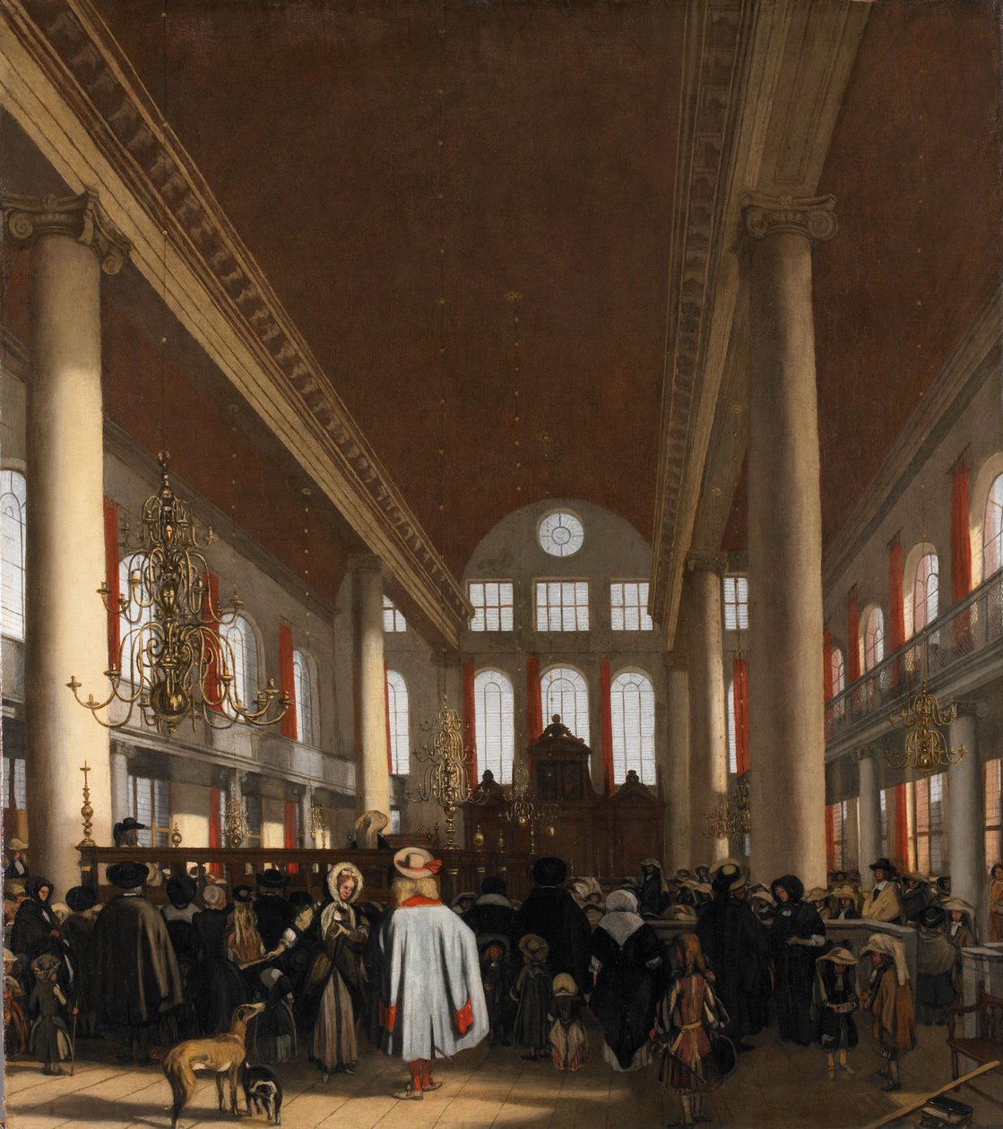 Wnętrze Synagogi Portugalskiej w Amsterdamie autorstwa Emanuel de Witte
