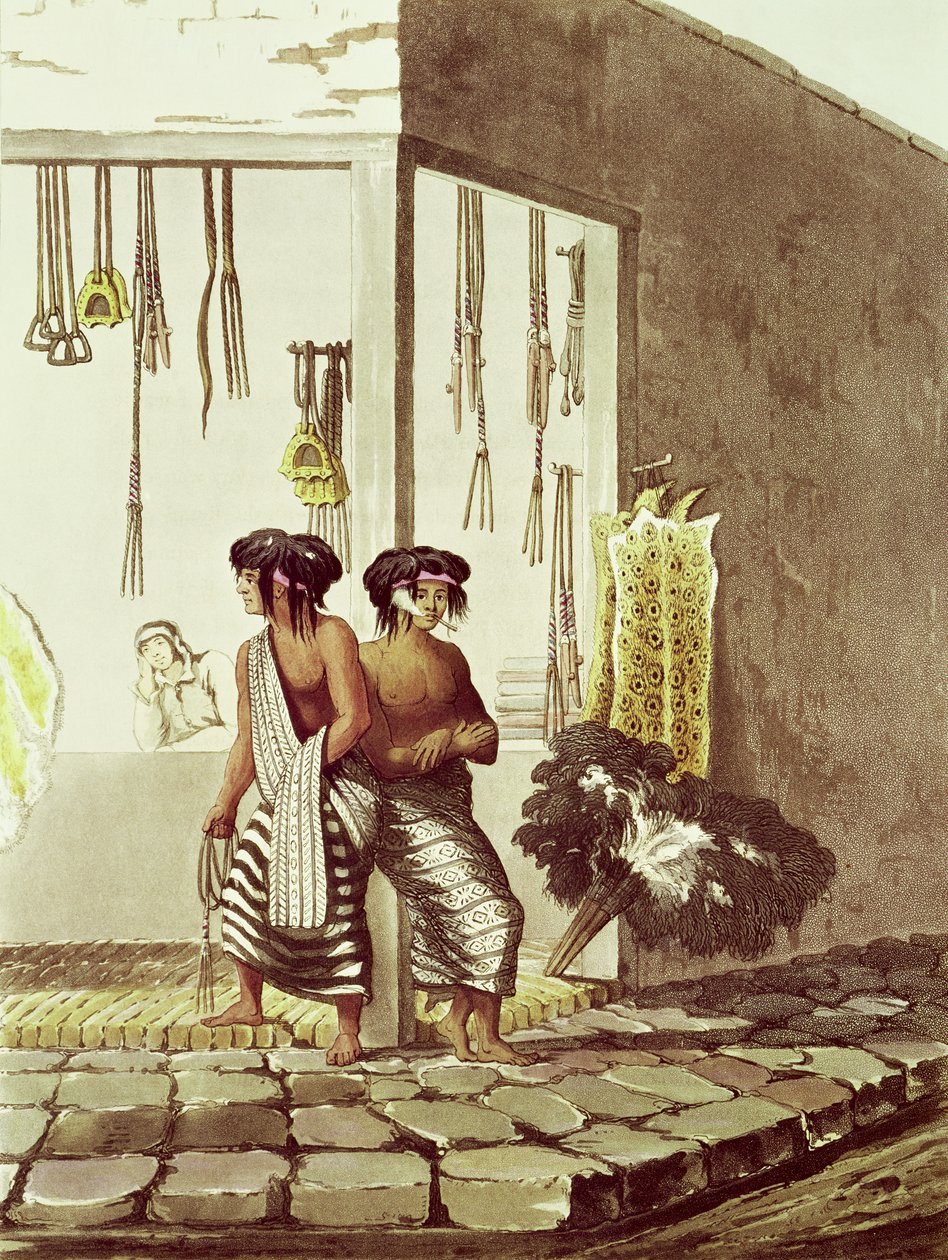 Indianie Pampa w sklepie na targu indyjskim w Buenos Aires, z „Picturesque Illustrations of Buenos Aires i Montevideo”, grawerowane przez J. Blucka (fl.1791-1819) 1820 autorstwa Emeric Essex Vidal