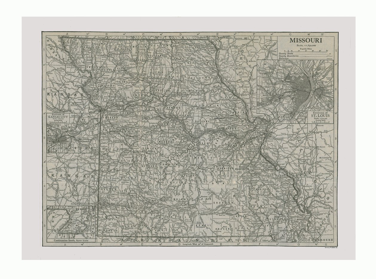Mapa stanu Missouri, USA, ok. 1900. autorstwa Emery Walker