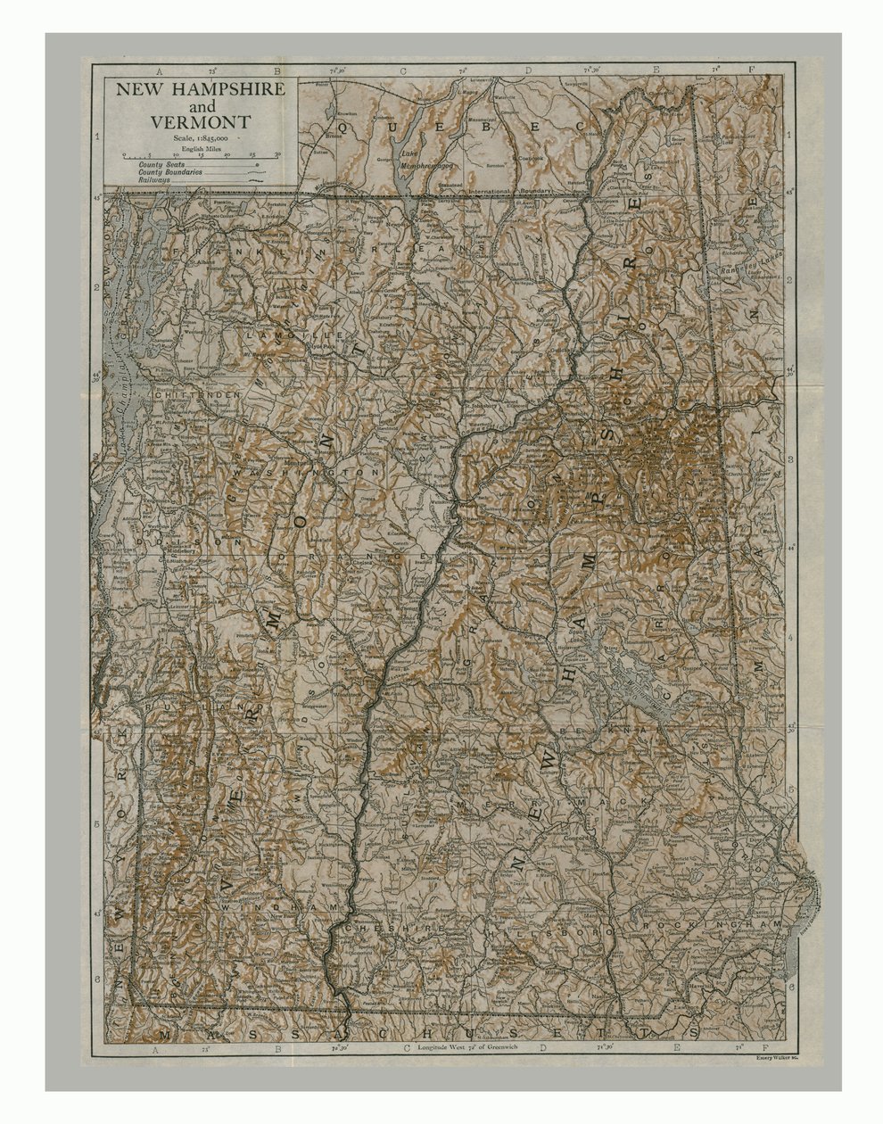Mapa New Hampshire i Vermont, USA, c1900. autorstwa Emery Walker