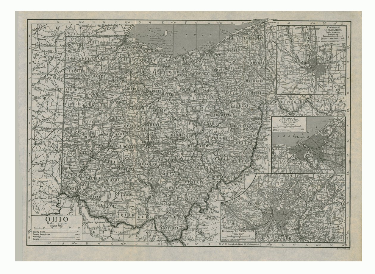 Mapa stanu Ohio, USA, ok. 1910 r. autorstwa Emery Walker