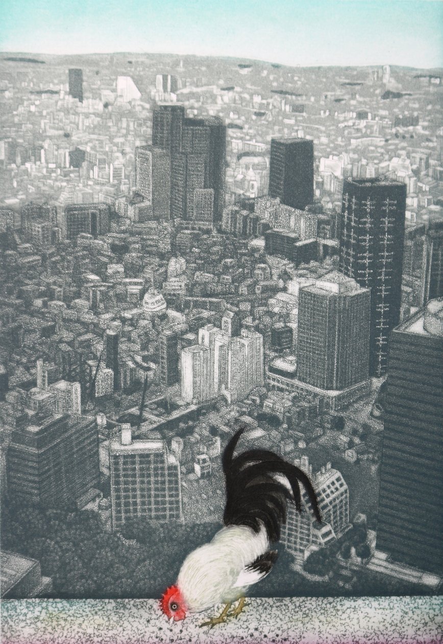 Kogut Jakucyu, 2009 (akwaforta) autorstwa Emiko Aida