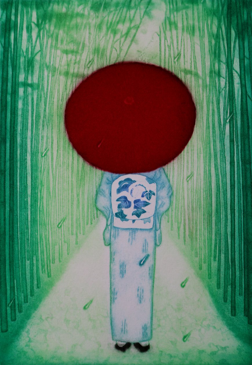 Czerwony parasol, 2007 (akwaforta) autorstwa Emiko Aida