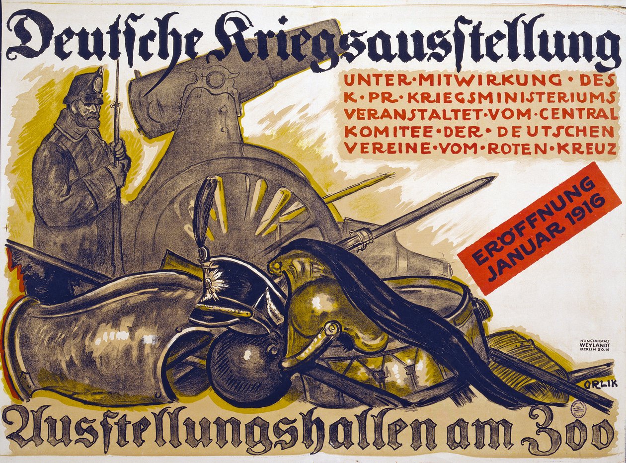 Plakat reklamujący wystawę wojenną sponsorowaną przez Czerwony Krzyż Deutsche Kriegs Ausstellung, styczeń 1916, 1916 autorstwa Emil Orlik