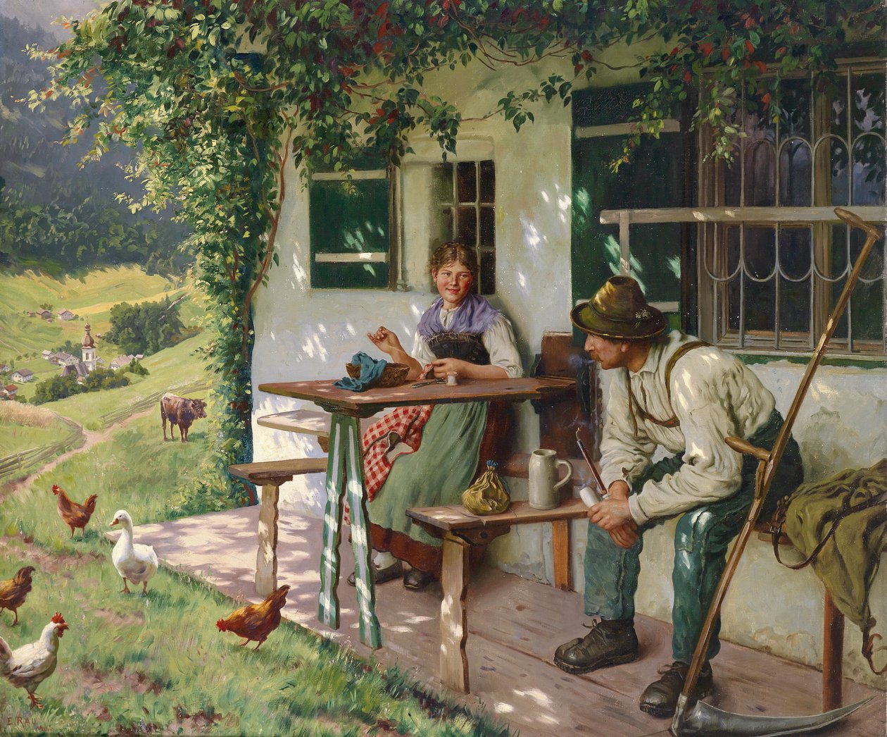 Młoda para przed gospodarstwem w Górnej Bawarii, sygn. E. Rau, Monachium, olej na płótnie, 110 x 132,5 cm autorstwa Emil Rau