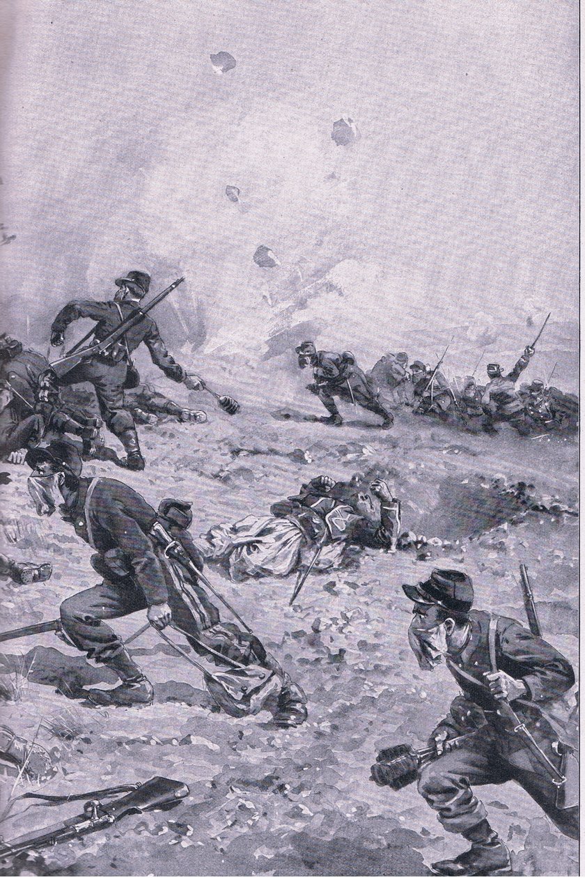 Atak francuskim granatem ręcznym w Les Spanges, z wyd. Ilustrowana historia wojny światowej 1914-1915. przez Union Berlagsefellfchaft autorstwa Emil (after) Limmer