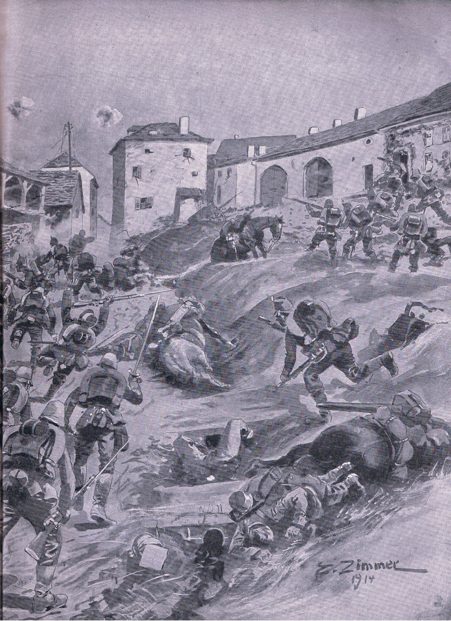 Aschaffenberg 2. Bawarski Batalion Myśliwych w Lagarde sierpień 1914, z Ilustrowanej Historii Wojny Światowej 1914-1915 wyd. przez Union Berlagsefellfchaft autorstwa Emil (after) Limmer