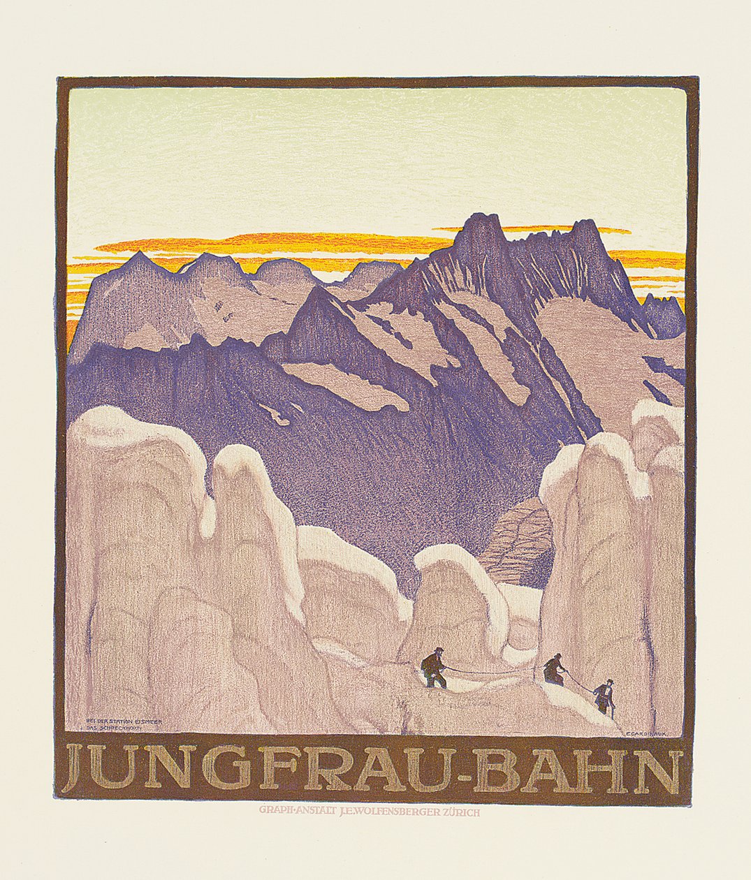Jungfrau-Bahn, plakat reklamujący kolejkę górską Jungfrau (kolor lito) autorstwa Emil Cardinaux