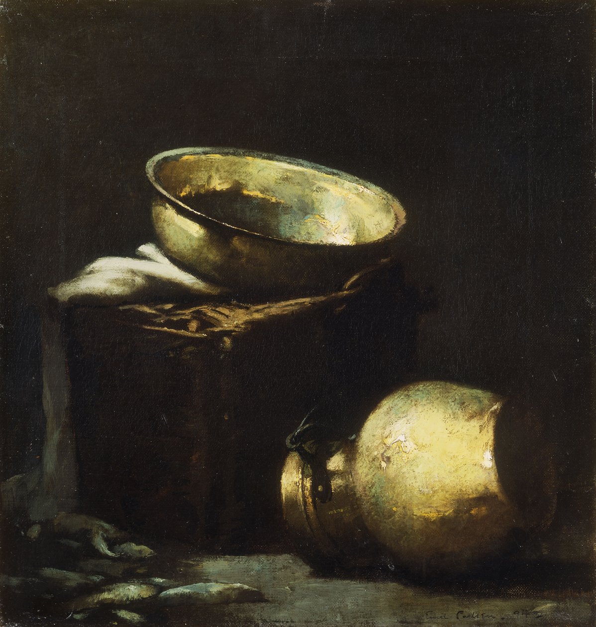 Martwa natura z miedzianymi doniczkami i czarną rybą autorstwa Emil Carlsen