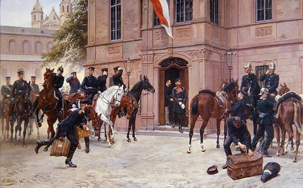 Książę koronny Ludwig IV Hesse-Darmstadt żegna się z Corneliusem Heylem przed Schlosschen, Wormacja, gdy wyrusza na bitwę pod Sedanem w 1870 r. (olej na płótnie) autorstwa Emil Huenten