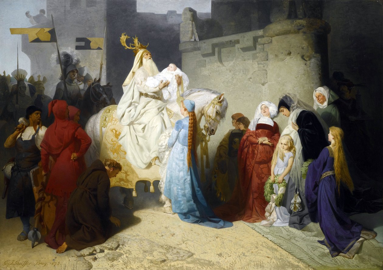Merlin presentant le futur roi Arthur - Merlin przedstawiający przyszłego króla Artura par Emil Johann Lauffer (1837-1909) autorstwa Emil Johann Lauffer