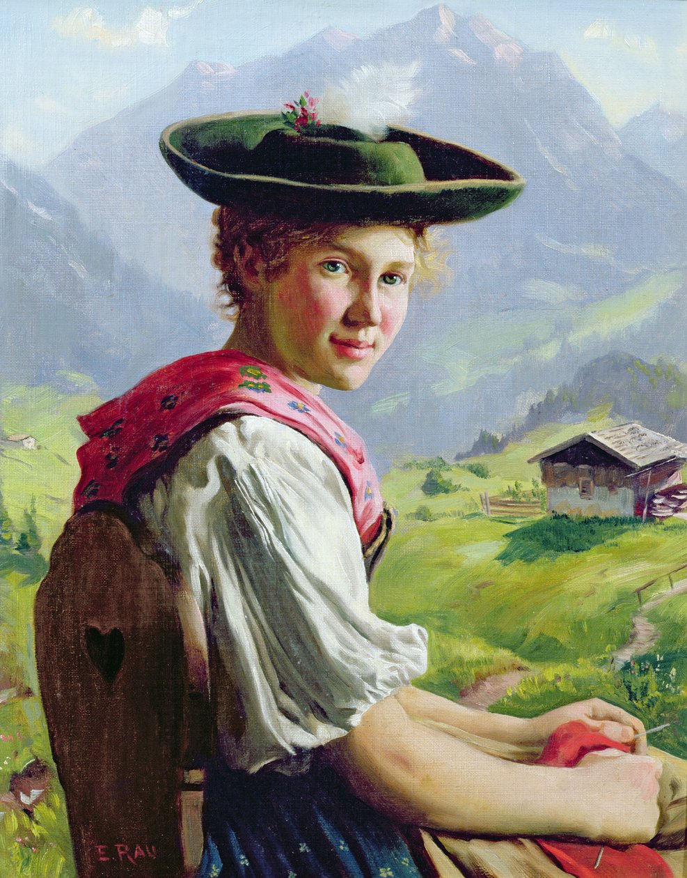 Dziewczyna w kapeluszu w górskim krajobrazie autorstwa Emil Karl Rau