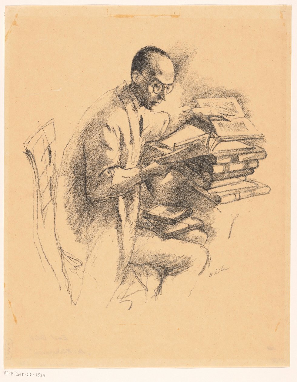 Mężczyzna za biurkiem pełnym książek autorstwa Emil Orlik (signed by artist)