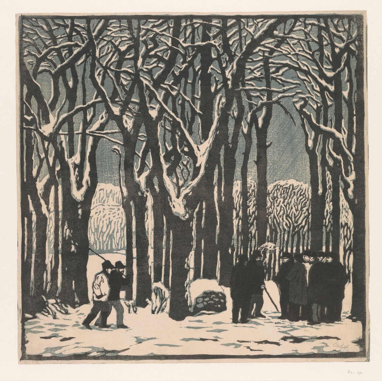 Mężczyźni w zimowym lesie autorstwa Emil Orlik (signed by artist)