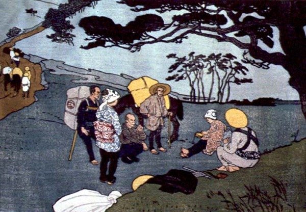 Podróżni zatrzymują się na górskiej drodze w Japonii autorstwa Emil Orlik