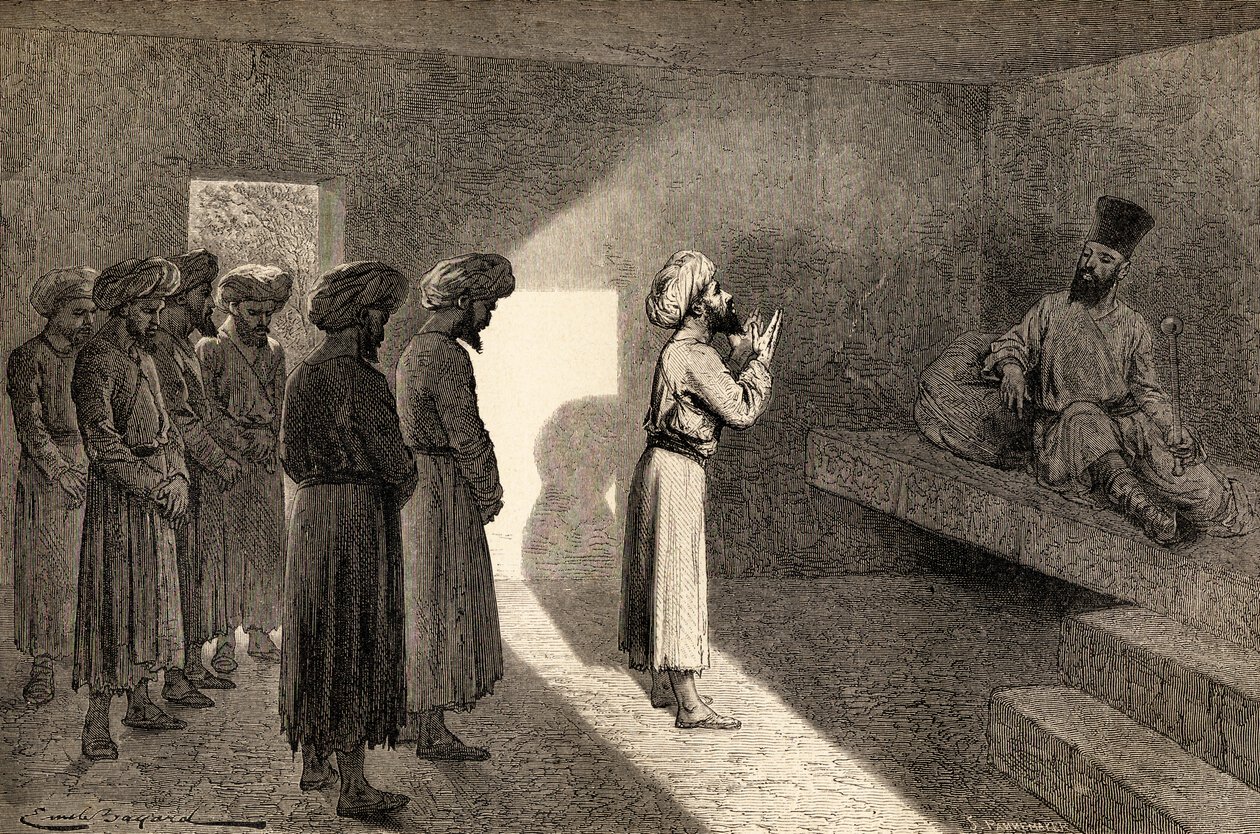 Arminio Vambery przyjęty na audiencji przez Chana Chiwy, Uzbekistan, Azja Środkowa, podczas swoich podróży tam w 1863 r., ilustrację ze „Świata w rękach”, rytowaną przez Stephane Pannemakera (1847 r.) autorstwa Emile Antoine Bayard