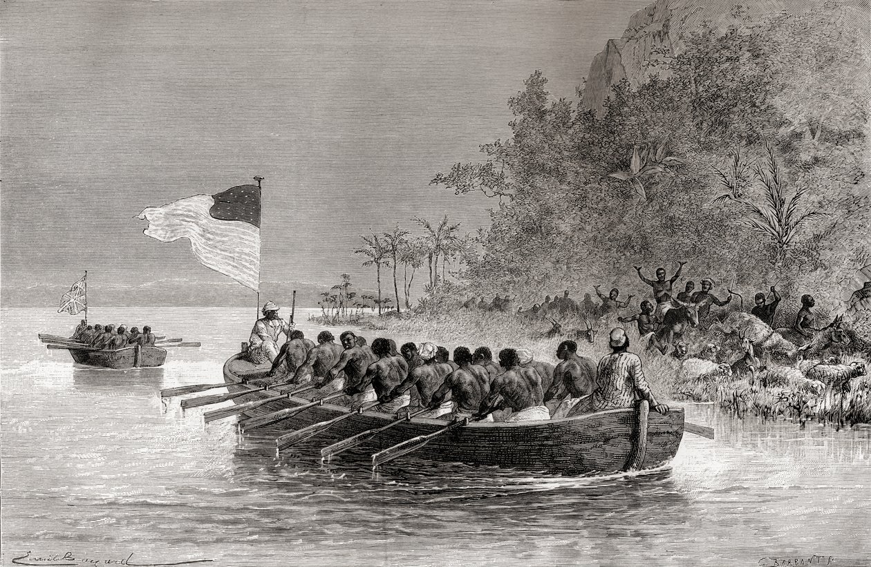 Dr David Livingstone w pierwszej łodzi, noszący angielską flagę i Henry Morton Stanley w drugiej łodzi, noszący amerykańską flagę, podczas wyprawy do Afryki w 1872 r., ilustracja z 