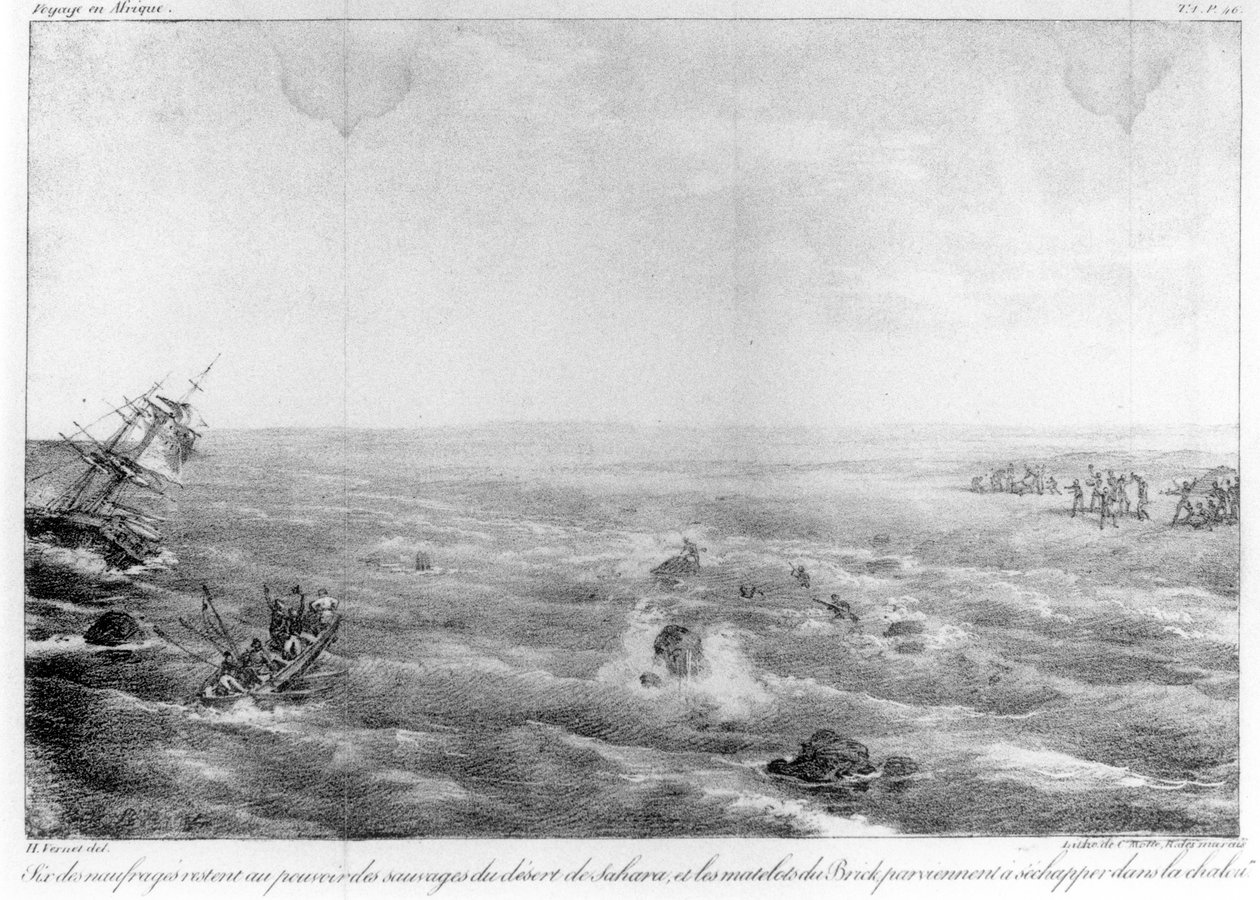 Zatonięcie "Sophie" na wybrzeżu Sahary, frontispis do "Naufrage du brick francais La Sophie perdu le 30 mai 1819 sur la cote occidentale d