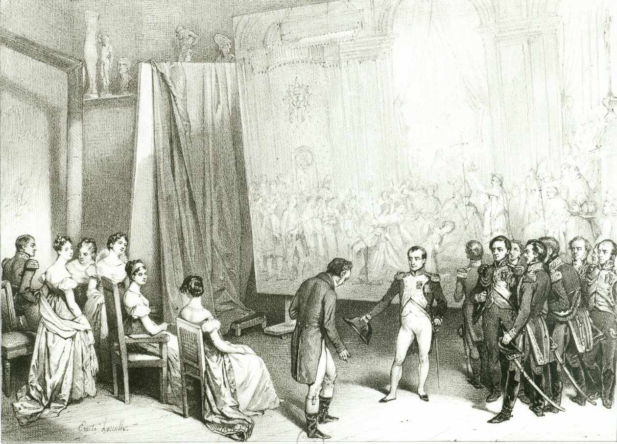 Napoleon I (1769-1821) Zwiedzanie Pracowni Dawida (1748-1825), 4 stycznia 1808, ok. 1838 autorstwa Emile Lassalle