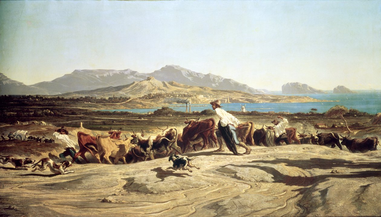 Wypas bydła w pobliżu Marsylii, 1853 autorstwa Emile Loubon