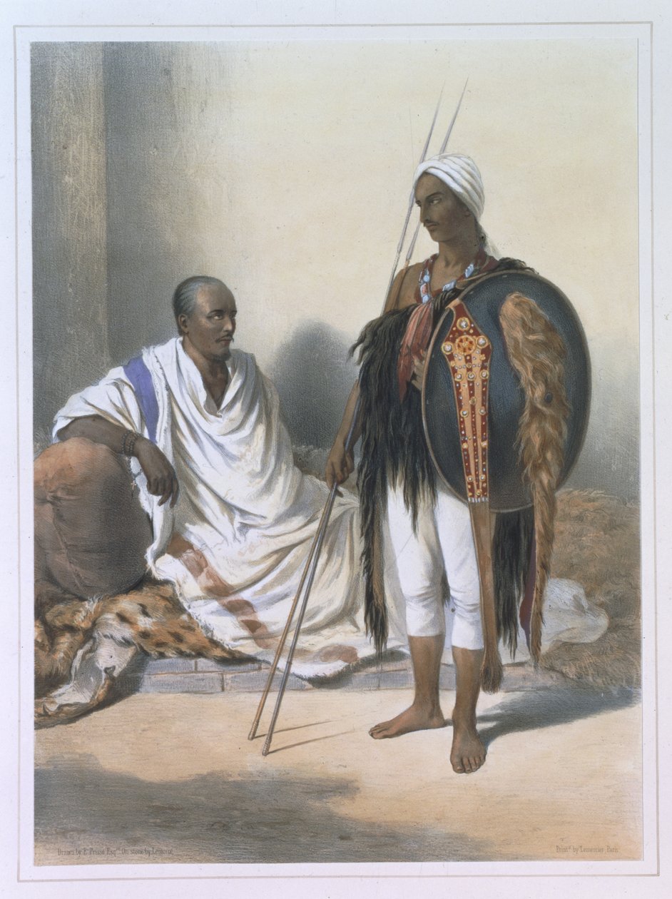 Kapłan i wojownik abisyński, ilustracja z „Doliny Nilu”, sztur. Lemoine, wyd. przez Lemercier, 1848 autorstwa Emile Prisse d