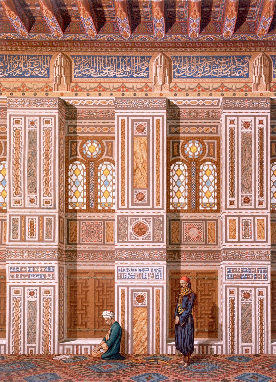 Kair: Wnętrze meczetu Qaitbay; wierni modlą się przy bocznej ścianie Mihrabu XV, XIX w. (chromolitho) autorstwa Emile Prisse d