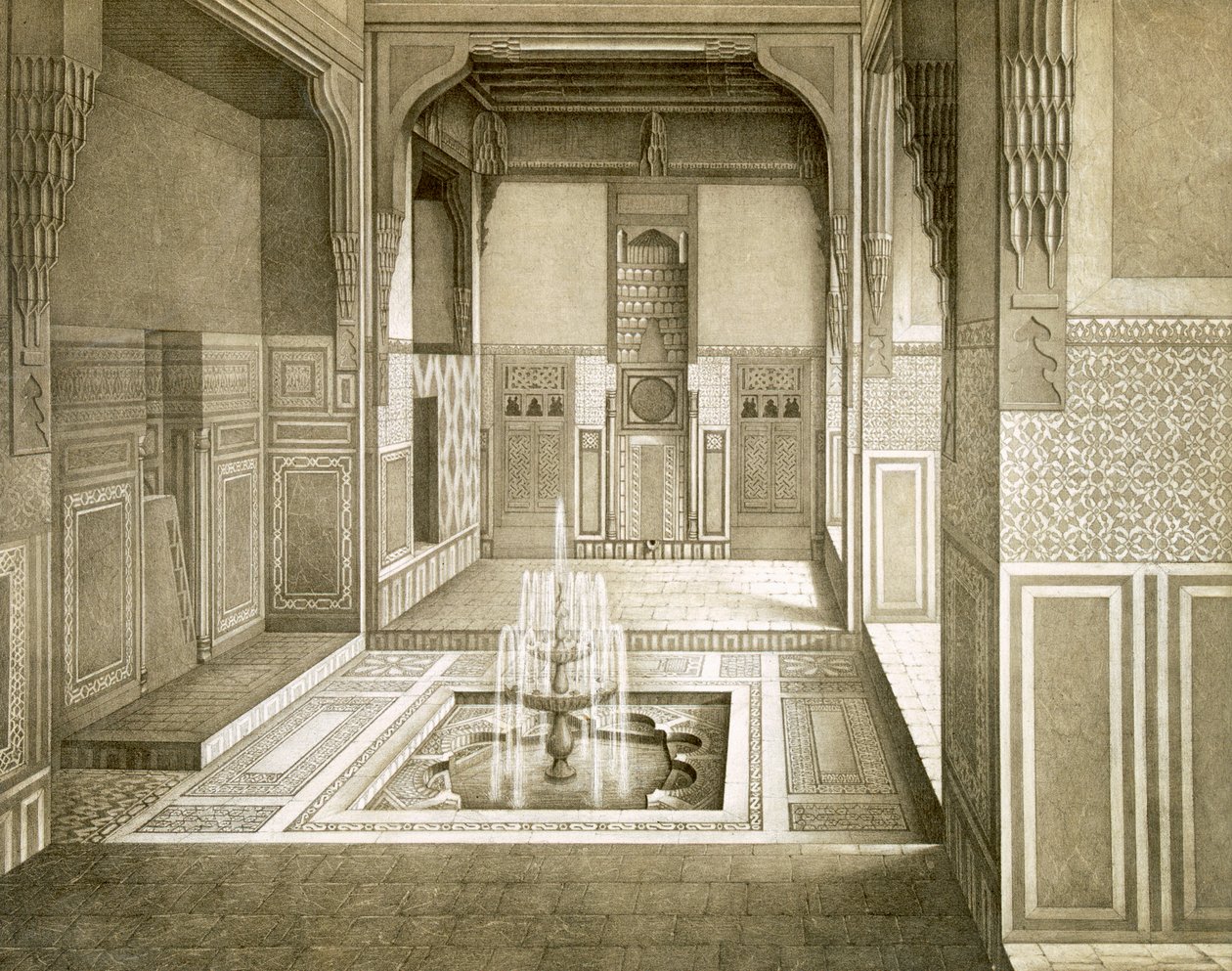 Kair: Mandarah: Sala recepcyjna, parter, z basenem i fontanną, XIX w. autorstwa Emile Prisse d